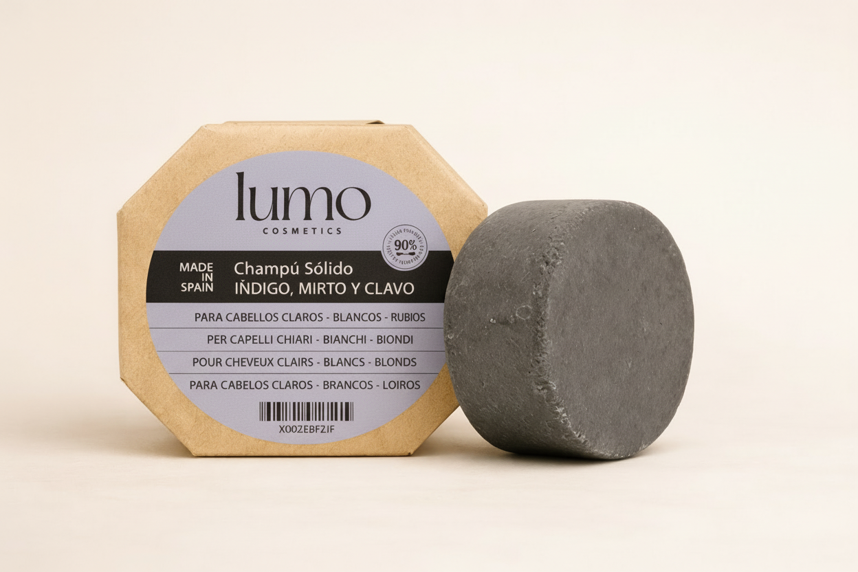 Champú sólido Índigo con etiqueta morada