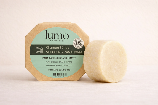 Champú sólido Shikakai & Zanahoria con etiqueta verde menta