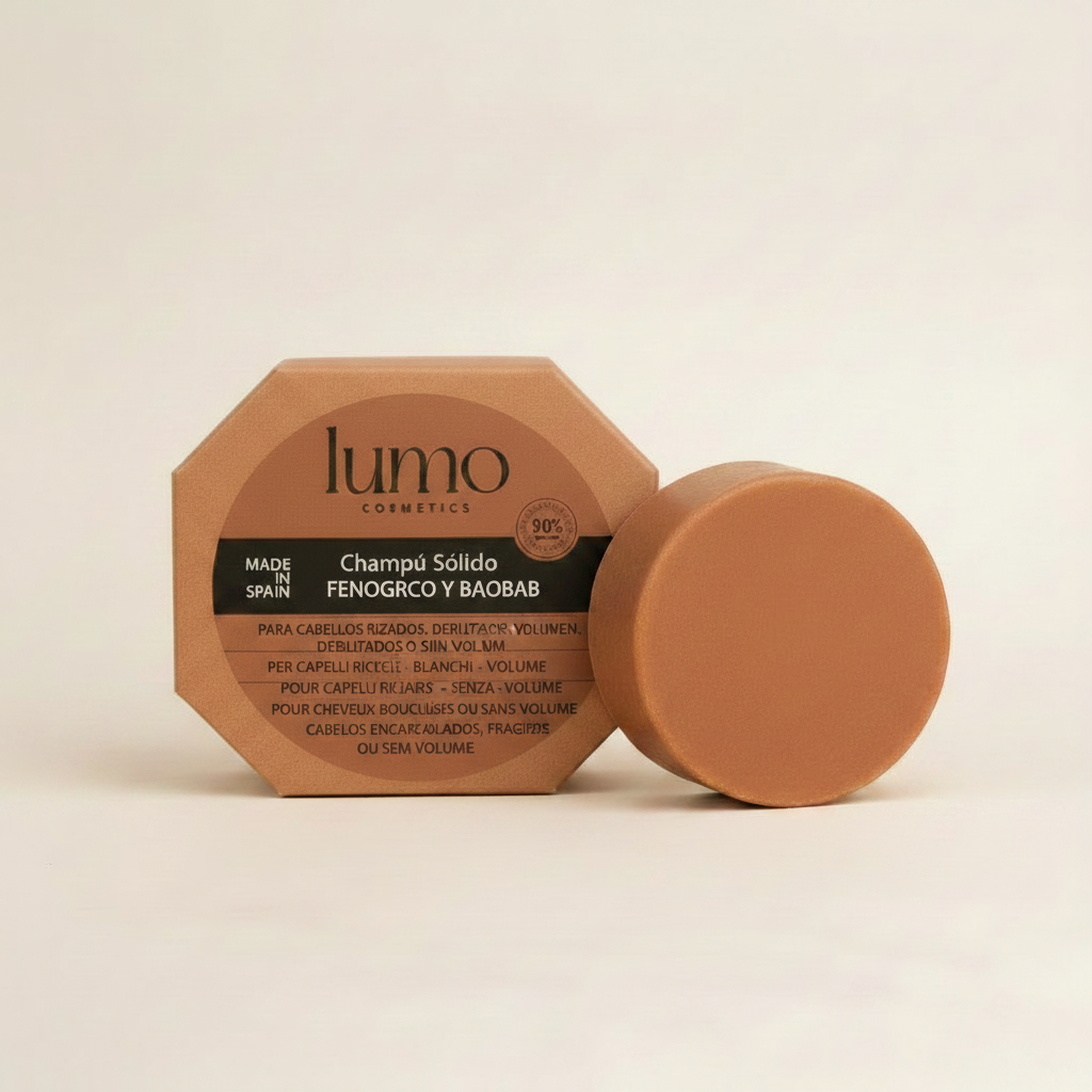 Champú sólido Rizos Fenogreco y Baobab 80g con caja y textos multiidioma