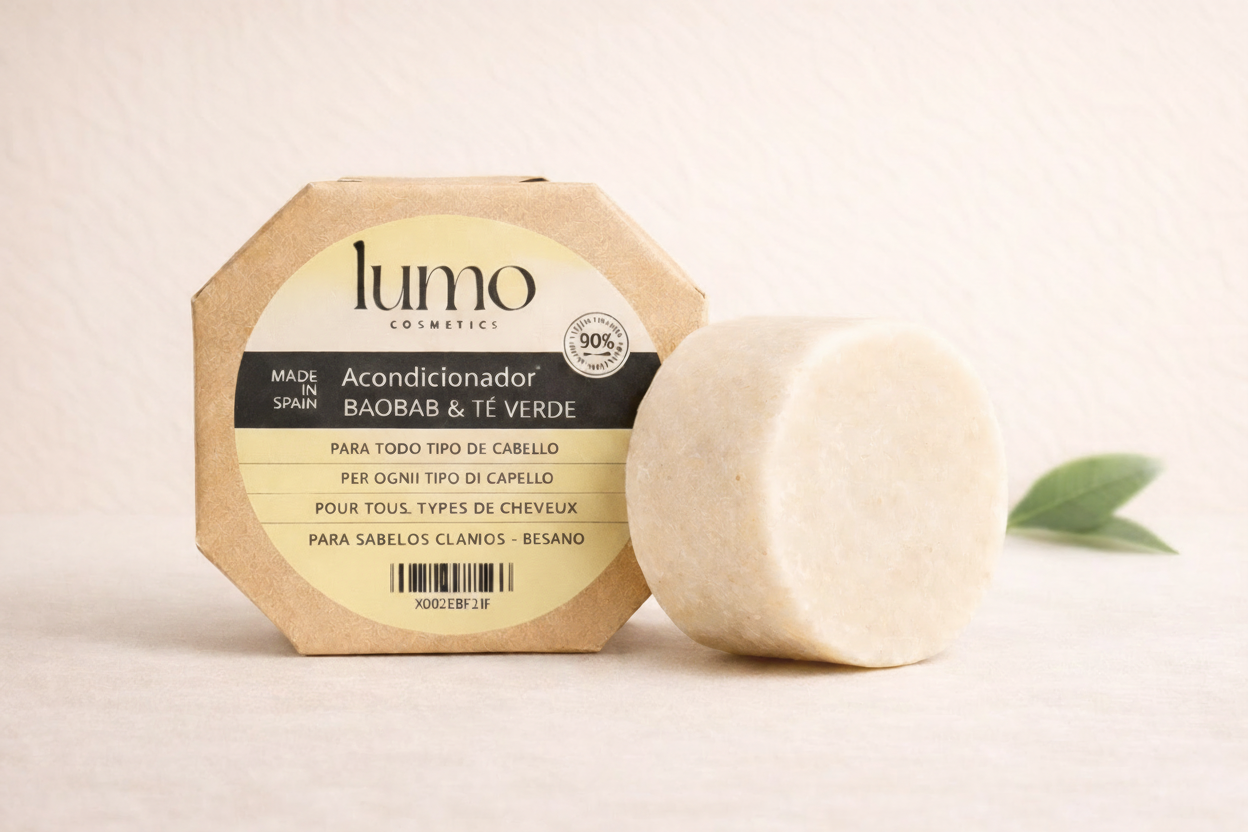 Acondicionador sólido Baobab & Té Verde con etiqueta amarilla